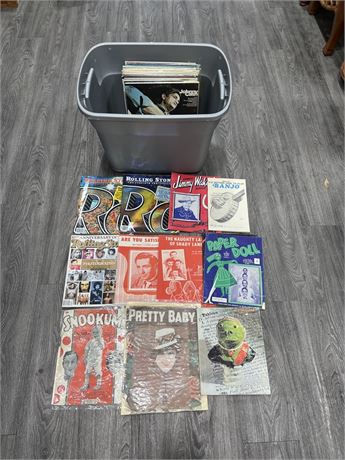 TOTE OF MISC RECORDS + MUSIC RELATED MAGAZINES & ECT
