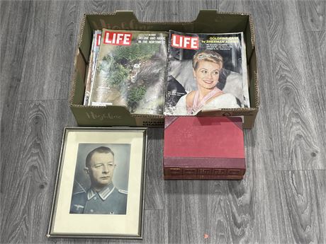 FLAT OF 20 LIFE MAGAZINES W/ THE GREAT WAR VOL 2-3 & FRAMED 1940’S PICTURE OF