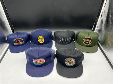 6 LAW ENFORCEMENT BASEBALL HATS (NEVER WORN) - 15+ YEARS OLD
