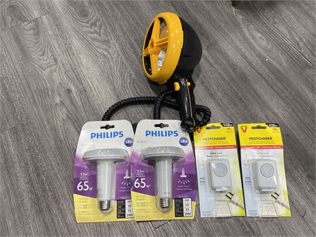MISC. ELECTRICAL LOT - PHILIPS 65 W BULBS, PESTCHASERS, CAR SPOTLIGHT