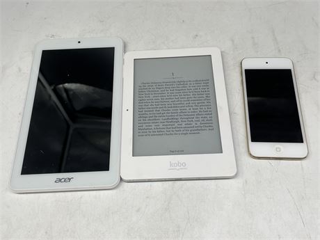 3 TABLETS INCL: IPOD TOUCH, KOBO E-READER, & ACER TABLET - NO CHARGERS