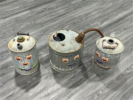 3 GALVANIZED GAS CANS W/HALLOWEEN DECORATIONS