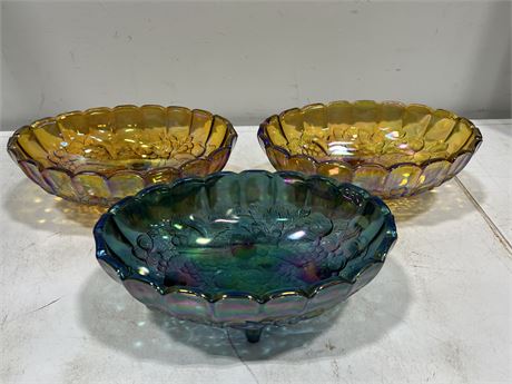 3 CARNIVAL GLASS FOOTED BOWLS (12” wide)