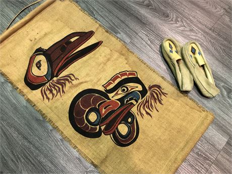 MOCCASINS & FIRST NATIONS ART ON BURLAP (hanging piece)