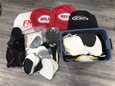 ASSORTED MOTOCROSS PADS, HELMET BAGS, AND STICKERS