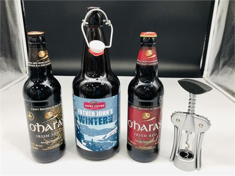 2 BOTTLES OF OHARA IRISH BREWED STOUT AND HOWE SOUND ALE WITH METAL CORK SCREW