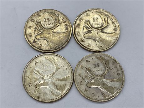 4 CANADIAN SILVER QUARTERS 1940-1957