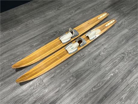 VINTAGE DECORATIVE WOODEN WATER SKIS - 68” LONG