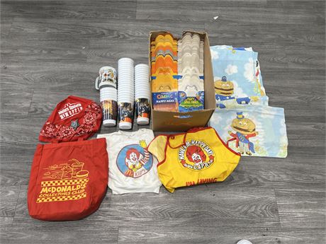 LARGE LOT OF VINTAGE MCDONALD’S CUPS, BED SHEET / PILLOW CASE & ECT