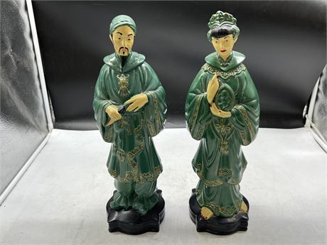 SIGNED CHINESE POTTERY FIGURES - HUSBAND & WIFE (15” tall)