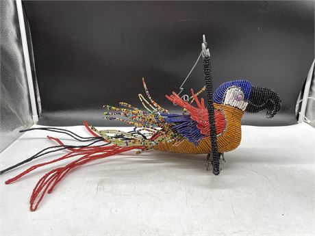 VINTAGE BEADED PARROT ON HANGING STAND 23”x10”