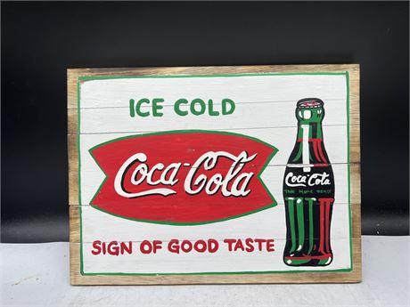 HAND PAINTED COCA COLA WOODEN SIGN - 16”x12”