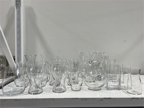 LARGE LOT OF “NEW” MOSTLY IKEA VASES & PITCHERS (TALLEST IS 11”)