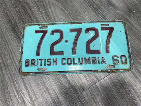 1960 BRITISH COLUMBIA LICENSE PLATE - PALINDROME