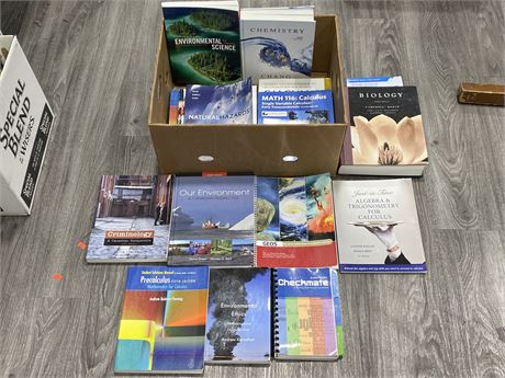 BOX OF UNIVERSITY TEXTBOOKS (COSTS $2000 NEW)