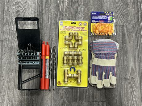 LOT OF DRILL BITS, GLOVES, EAR PLUGS & ECT