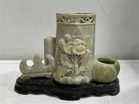 RARE CARVED STONE CHINESE ARTISTS BRUSH POT (6” TALL)