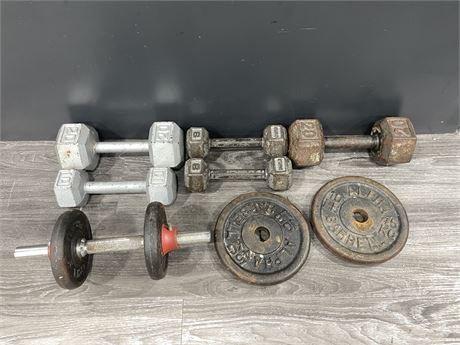 98 POUNDS OF MISC DUMBBELLS / WEIGHTS