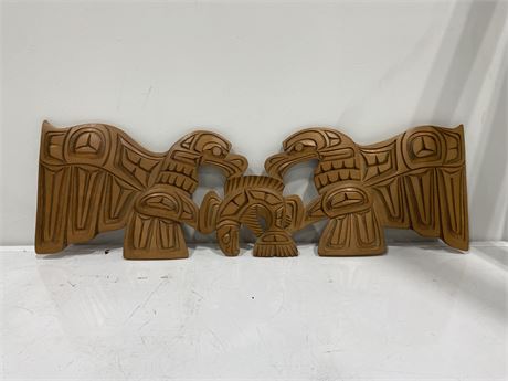 HAND CARVED INDIGENOUS WALL ART SIGNED BY HAROLD BAKER (27” long)