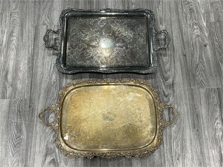 2 EARLY VINTAGE ORNATE PLATED SERVING TRAYS - 16”x25”