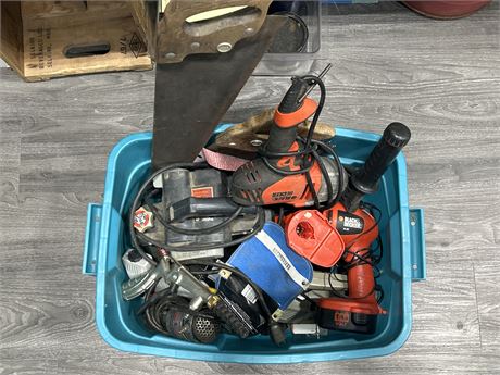 TOTE FULL OF ASSORTED TOOLS - CONDITIONS VARY