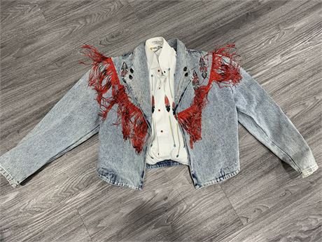 BEADED BLOUSE & DENIM FRINGED JACKET SET (Neil Allyn & Wanted by Beads Beautiful