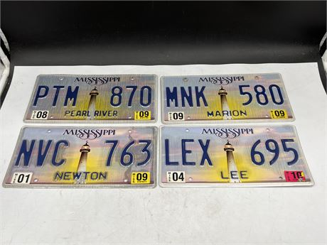 4 MISSISSIPPI LIGHTHOUSE LICENSE PLATES - 4 DIFF COUNTRIES