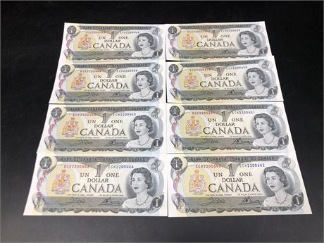 8 SEQUENCED 1973 CANADIAN 1$BILLS (639-642/443-446)