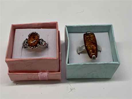 2 STERLING RINGS W/AMBER STONES