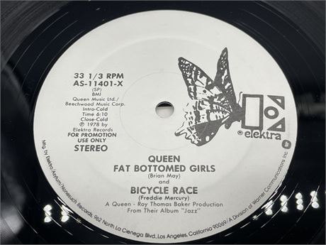 1978 QUEEN - 12” JAZZ PROMO WHITE LABEL SINGLE FAT BOTTOM GIRLS - NEAR MINT (NM)
