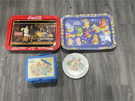 COCA COLA TV TRAY & CARE BEARS TV TRAY W/ PLATE & LUNCHBOX