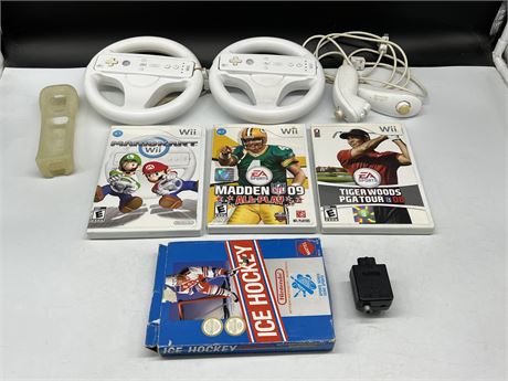 3 WII GAMES - WII CONTROLLERS, ACCESSORIES - NES HOCKEY (JUST BOX & MANUAL)
