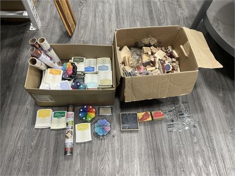 2 BOXES CRAFT SUPPLIES INCLUDING STAMPS, VINYL, STAMP PADS, ETC