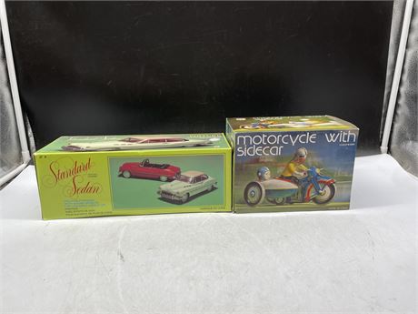 IN BOX WHITE STANDARD SEDAN TOY CAR & TIN MOTORCYCLE WITH SIDE CAR