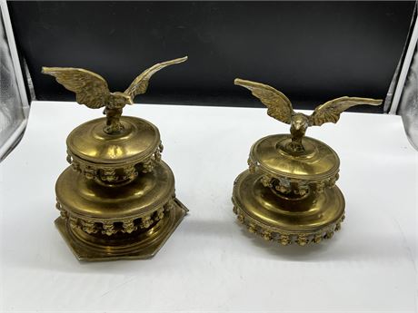 2 ANTIQUE BRASS EAGLE POLE TOPS (Tallest is 11”)