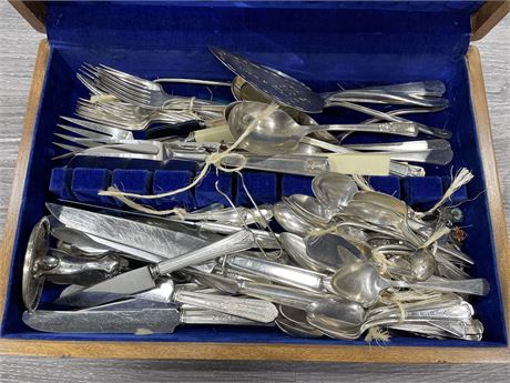 WOOD CASE FULL OF PLATED SILVERWARE (few stainless steel)