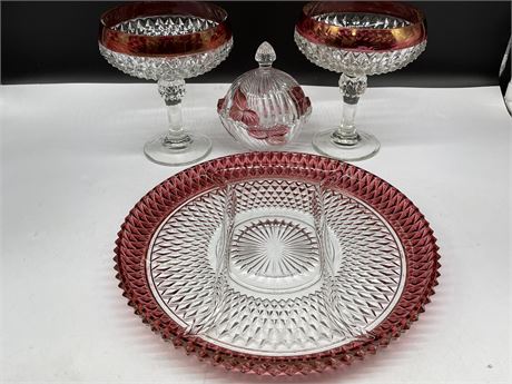 4 CRANBERRY EDGE GLASS SERVING DISHES