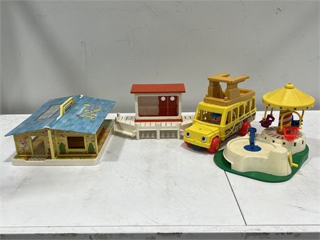 LOT OF MISC FISHERS PRICE ITEMS - BUS, MERRY GO ROUND, ETC
