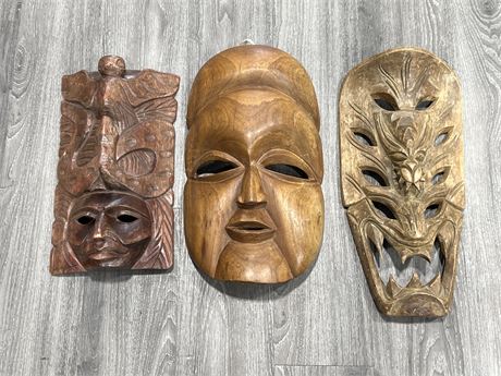 3 LARGE WOOD CARVED MASKS WALL DECOR (19” tall)