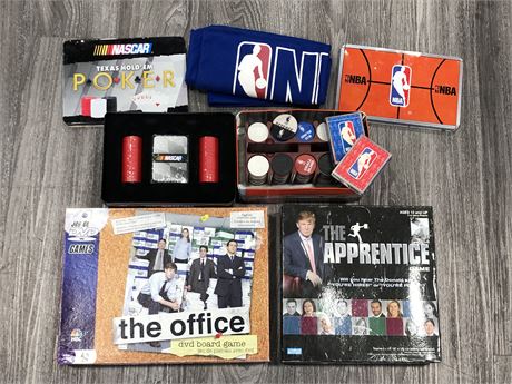 2 COLLECTIBLE POKER SETS (NASCAR AND NBA) 2 BOARD GAMES (OFFICE AND APPRENTICE)