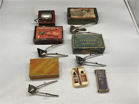 4 VINTAGE HAIRCLIPPERS, TWINPLEX STROPPER & MISC SHAVING ITEMS