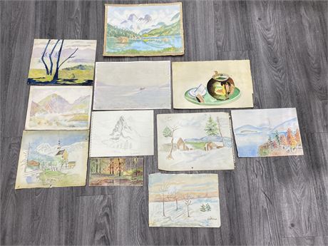 11 VINTAGE WATER COLOUR PAINTINGS - LARGEST IS 16” X 12”