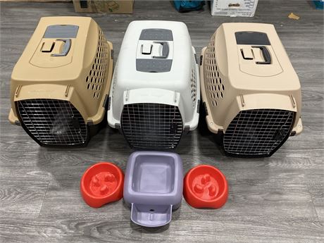 LOT OF 3 LARGE PET CARRIERS W/ACCESSORIES (24”X17”X15”)