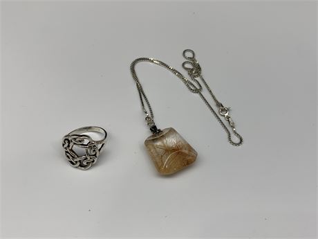 STERLING SILVER GEMSTONE NECKLACE AND RING