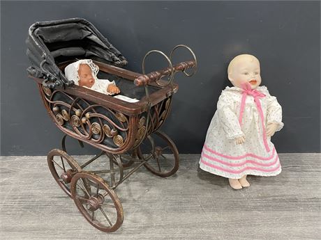 VICTORIAN STYLE DOLL CARRIAGE W/LIMITED EDITION Y. BELLO DOLL (17” TALL)