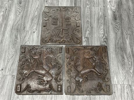 VERY EARLY VINTAGE WOODEN CARVED HANGING PLAQUES - 17”x19”