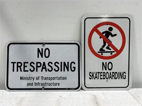 2 METAL STREET SIGNS - NO SKATEBOARDING & NO TRESPASSING - 18”