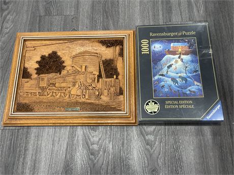 SEALED PUZZLE, WOOD CARVED TRAIN SCENE IN BOX