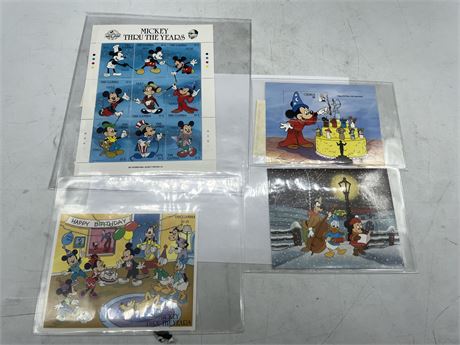 4 SHEETS DISNEY MICKEY MOUSE COLLECTIBLE STAMPS WITH COA