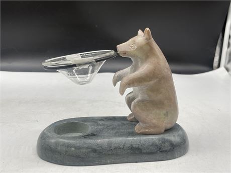 HAND CARVED STONE BEAR CANDLE HOLDER